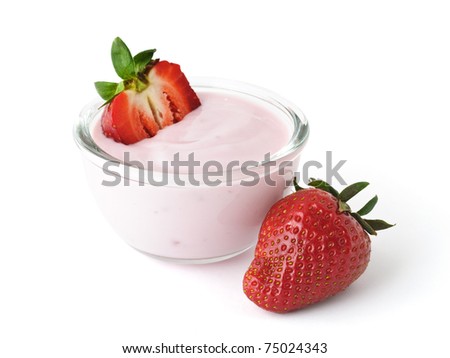 Fresh juicy strawberry with yogurt in a glass bowl isolated on white background Royalty-Free Stock Photo #75024343