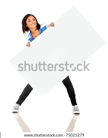 Fun woman holding a banner ad - isolated over a white background