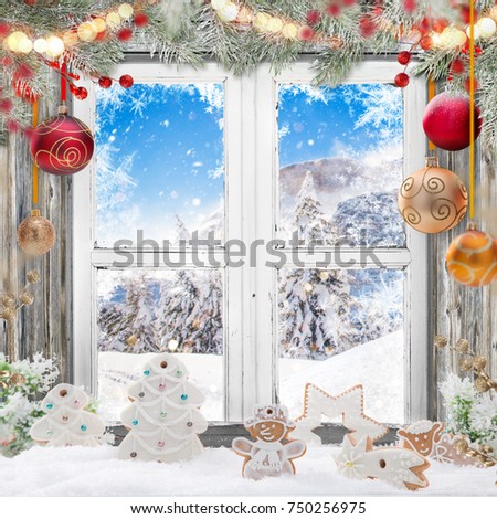 Christmas old white window with decorations, lots of copy space for your product or text.