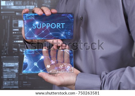 Business, Technology, Internet and network concept. Young businessman working on a virtual screen of the future and sees the inscription: Support
