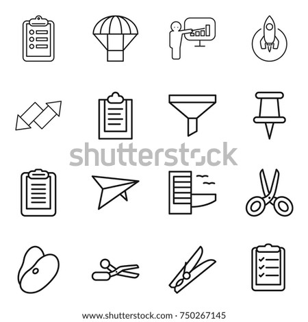 thin line icon set : clipboard, parachute, presentation, rocket, up down arrow, funnel, pin, deltaplane, hotel, scissors, beans, clothespin, list