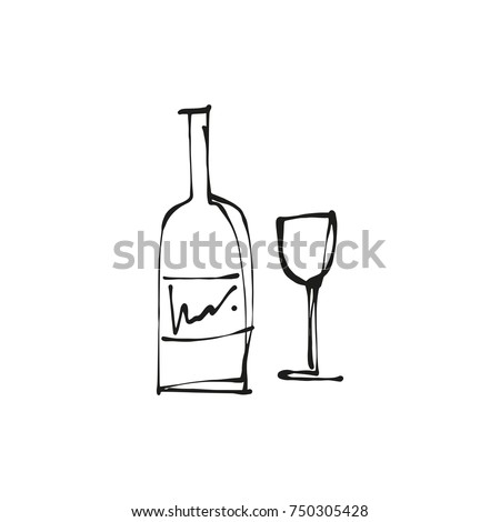 Vector botlle and wine glass, alcohol, line art, doodle, minimalistic picture, poster, postcard.