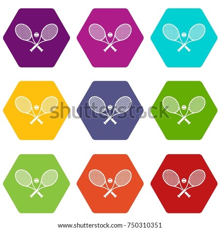 Crossed tennis rackets and ball icon set many color hexahedron isolated on white vector illustration