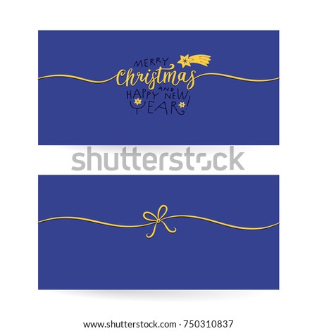 Merry christmas - Calligraphic lettering greetings card design template. Rectangular invitation cardin pocket size. Lettering on front, decorative ribbon on back.