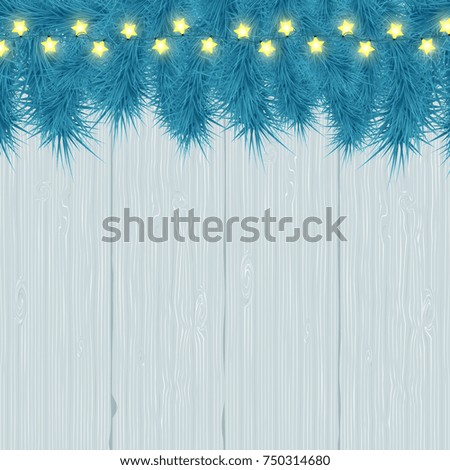 Festive Chrtismas celebrating template with fir branches and light garland on wooden background vector illustration.