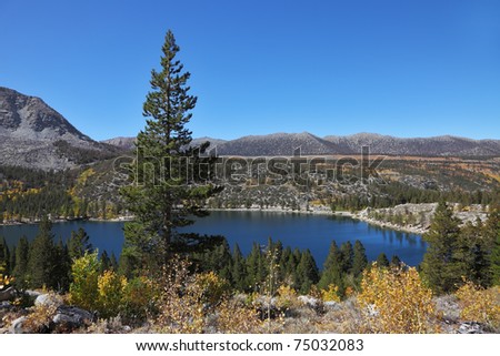 A beautiful mountain lake with turquoise and blue water, surrounded by yellow and green trees
