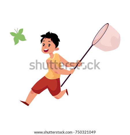 vector flat cartoon funny teen boy child at meadow catching butterflies with net. Kids at countryside concept. Isolated illustration on a white background.