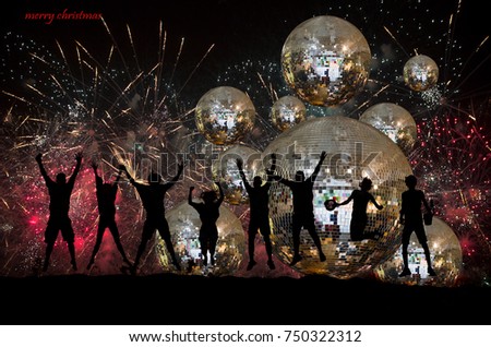 Silhouette of friends jumping - Christmas decoration on abstract background