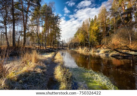 Picture of the forest autumn river with hoarfrost on its coast