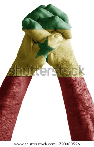 Fist painted in colors of Senegal flag, fist flag, country of Senegal