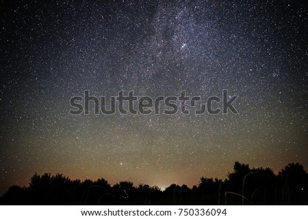 Background of bright starry night sky with lights upon on it and silhouette of trees.