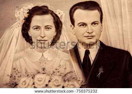 1950s original vintage photo of the young Romanian couple on a wedding day. Sepia-toned desaturated color.