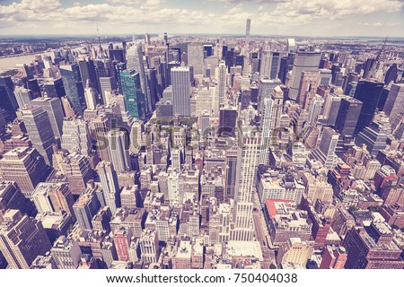Vintage toned aerial picture of New York City Manhattan skyline, USA.