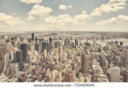 Retro toned aerial picture of New York City skyline, USA.