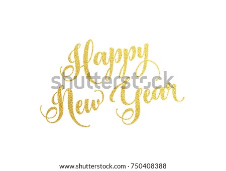 Happy New Year gold lettering text for greeting card. Holiday luxury golden design on white background. Vector illustration Royalty-Free Stock Photo #750408388