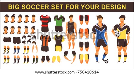 vector illustration set for the animation form clothing for the soccer player body parts gestures, hairstyle, for movement on a white background