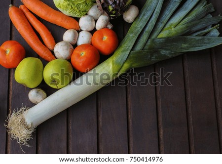 Vegetables on wood. Bio Healthy food, herbs and spices. Organic vegetables on wood