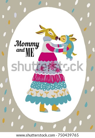 Cartoon Deer family. Brightly colored childish animals. Mother and baby. Cute animals for Mother's Day. Animals mom and baby. Template for Greeting Scrap-booking, Congratulations, Invitations. Vector