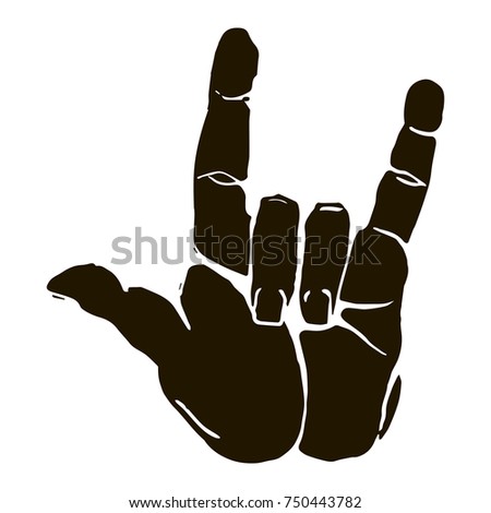 Black silhouette illustration of a human hand sign rock n roll isolated on white background. Can be used for web, poster, info graphic.