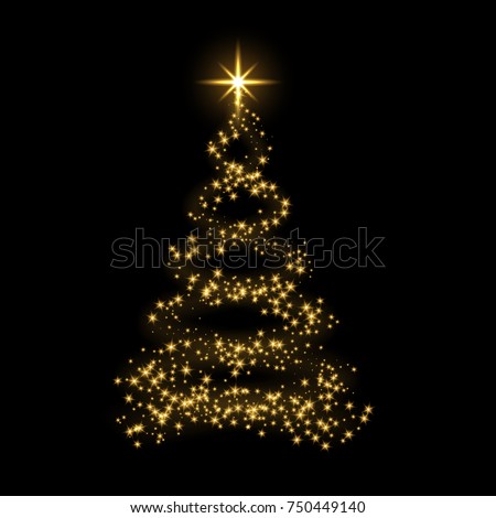Christmas tree card background. Gold Christmas tree as symbol of Happy New Year, Merry Christmas holiday celebration. Golden star decoration. Bright shiny design Vector illustration