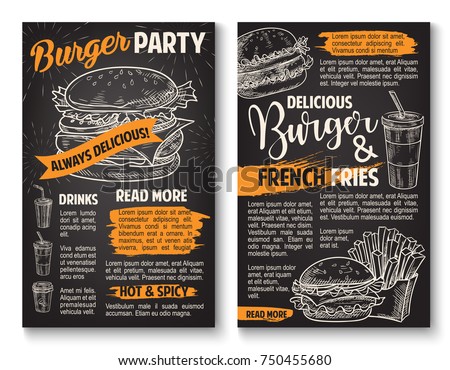 Fast food burgers sketch posters for fastfood restaurant menu. Vector cheeseburger or hamburger sandwich, soda or coffee drink and french fries snack for cinema bar or fastfood bistro design template
