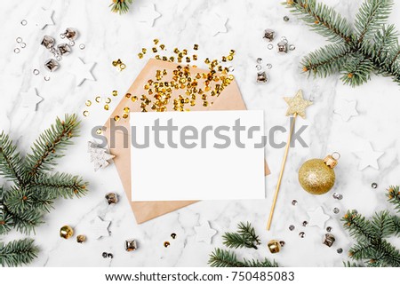 Blank card with golden streamers and sparkles. holiday mockup. Christmas concept. Flat lay, top view