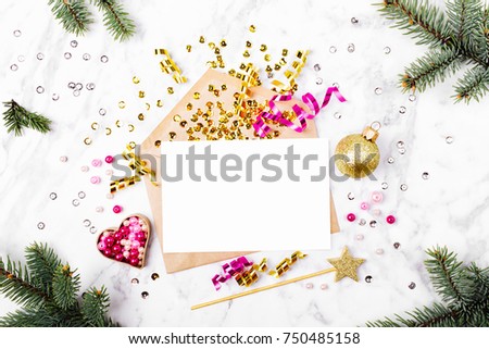 Blank card with golden streamers and sparkles. holiday mockup. Christmas concept. Flat lay, top view