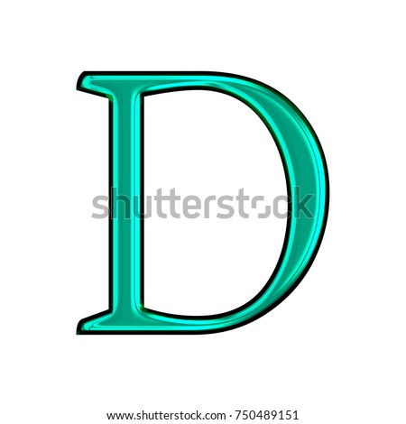 Neon green glass uppercase or capital letter D in a 3D illustration with a glowing shiny teal metallic smooth glassy surface and a classic font style isolated on a white background with clipping path.
