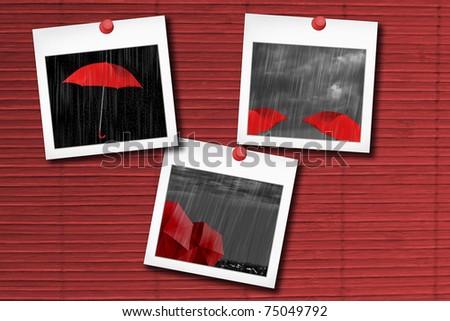photos with pins on a red wooden background