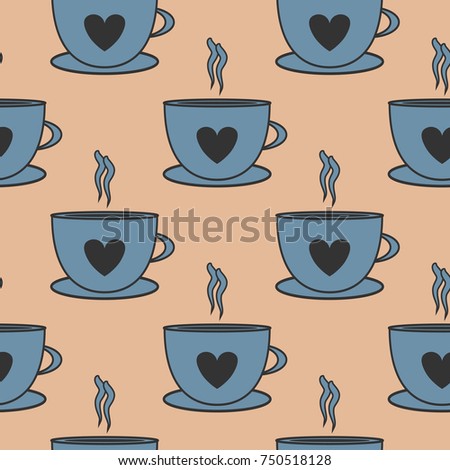 Cup of coffee, tea, cocoa. Seamless pattern. Vector illustration. Blue, brown, black color.