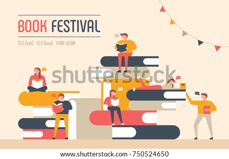book festival poster concept of a small character reading a book and a huge book piled up.vector illustration flat design