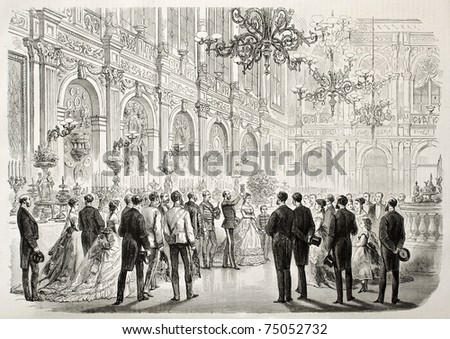 Old illustration of King of Hanover George V banquet in Hietzing, near Vienna. Created by Janet-Lange and Cosson-Smeeton, published on L'Illustration, Journal Universel, Paris, 1868