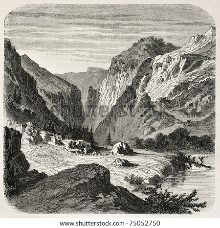 Old illustration of Laramie river, Wyoming. Created by Janet-Lange, published on L'Illustration, Journal Universel, Paris, 1868