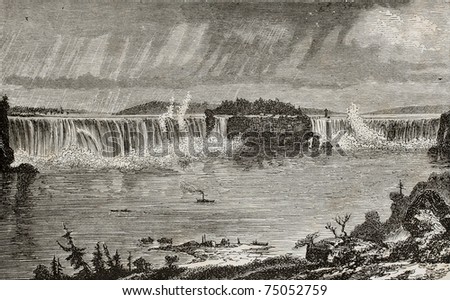 Old illustration of Niagara Falls, between U.S.A. And Canada. Created by Sargent, published on L'Eau, by G. Tissandier, Hachette, Paris, 1873