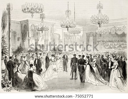 Old illustration of Grand Bal given to Egypt viceroy in Alexandria. Created by Pauquet and Cosson-Smeeton, published on L'Illustration, Journal Universel, Paris, 1868