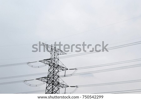 line cable electric tower in sky background. close up.