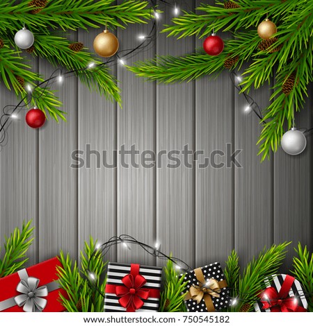 Vector illustration of Christmas gift boxes with christmas balls and fir branches on gray wooden background