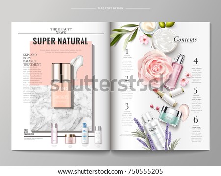Cosmetic magazine template, top view of container and cream texture isolated on marble and geometric background, products listed on the right side, 3d illustration Royalty-Free Stock Photo #750555205