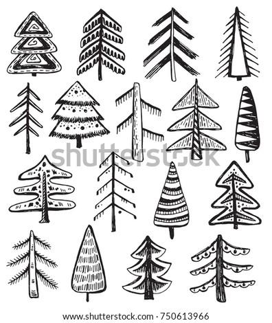 Set of hand drawn ornate Christmas trees isolated on white background. Vector collection of new year symbols in graphic doodle style.