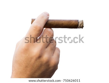 Detail of the hand of a smoking man holding a burning cigar, isolated on a white background Royalty-Free Stock Photo #750626011