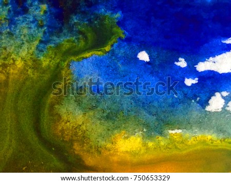 watercolor abstract art background blue green yellow wave storm  wet wash liquid blurred textured dye decoration handmade creative fantasy colorful bright   