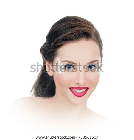 Portrait of smiling beautiful woman with creative bright makeup. photo with a square aspect ratio and white vignetting