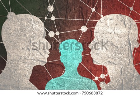 Silhouettes of a two men and woman heads in the frame of gear. Human relationships metaphor. Scientific medical design. Molecule and communication background. Connected lines with dots.