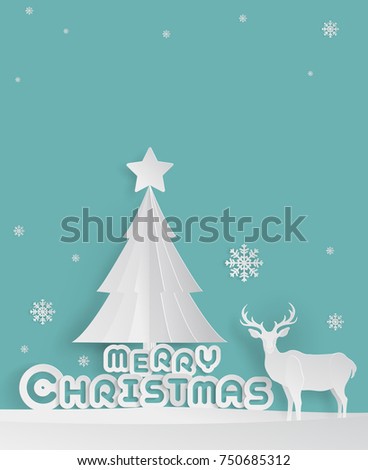 White Deer and Snow  in Merry christmas Concept in Paper Cut Style