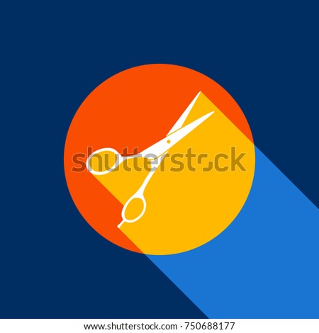 Hair cutting scissors sign. Vector. White icon on tangelo circle with infinite shadow of light at cool   background. Selective yellow and bright navy blue are produced.