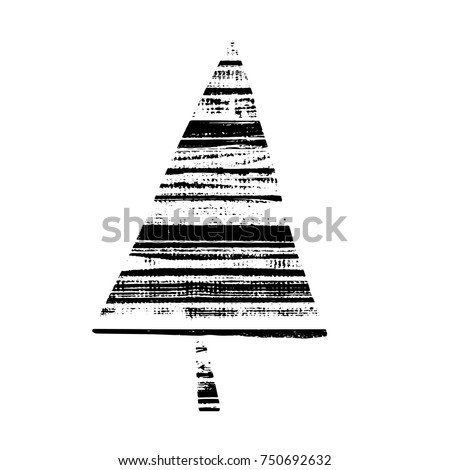 Vector textured Christmas tree, stylized imprint on wood planks. Black on white isolated element for holiday cards or stamp brushes creating. It will bring depth and vintage texture to any work.