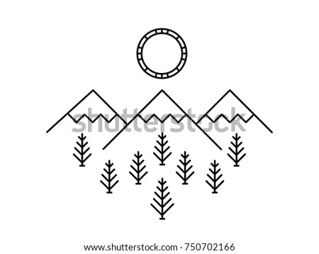 a line drawing of a landscape of mountains, forests and sun