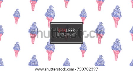 Vector seamless pattern with swirl ice cream cone. Beautiful background for party, greeting paper card or banner. Hand drawn fashion sketch style. Objects on white backdrop.
