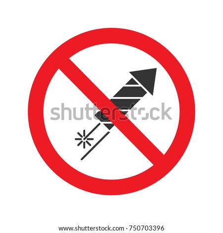 Forbidden sign with firework rocket glyph icon. No pyrotechnics prohibition. Stop silhouette symbol. Negative space. Vector isolated illustration