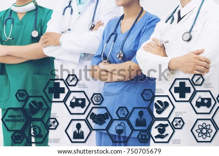 Health Insurance Concept - Doctor in hospital with health insurance related icons in modern graphic interface showing symbol of healthcare person, money saving, medical treatment and benefits.